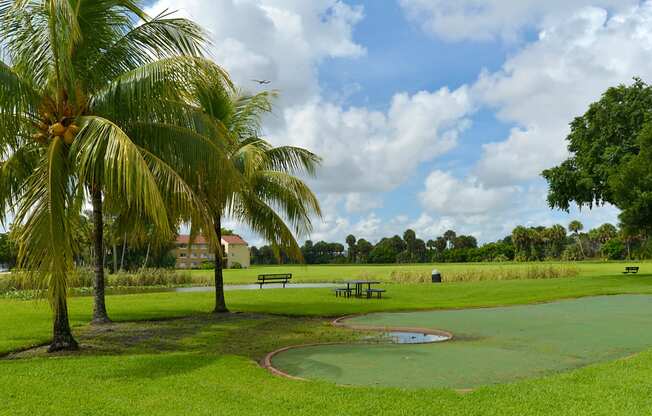 a golf course with two palm trees in a park