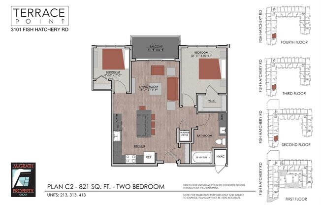 2 beds, 1 bath, 821 sqft, $1,935, Unit 413
