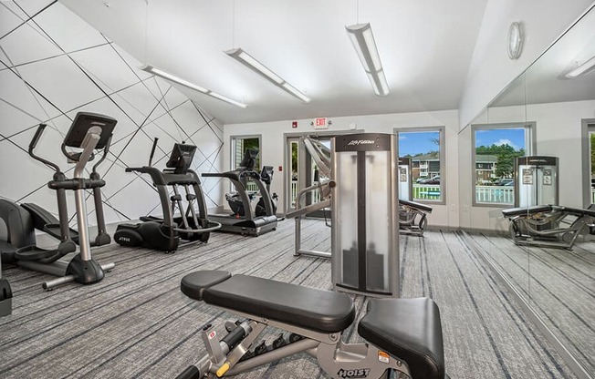 Fitness center interior at Stone Ends apartments in Stoughton, MA