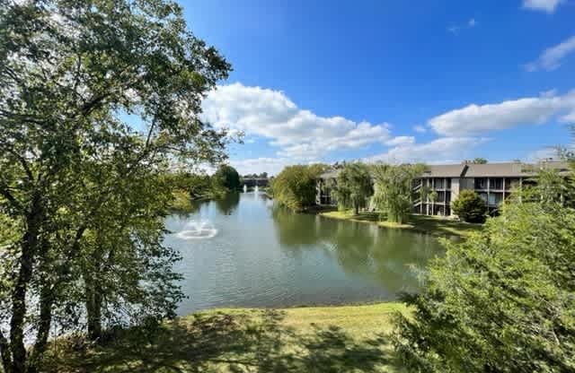 a view of a lake with a fountain in the middle