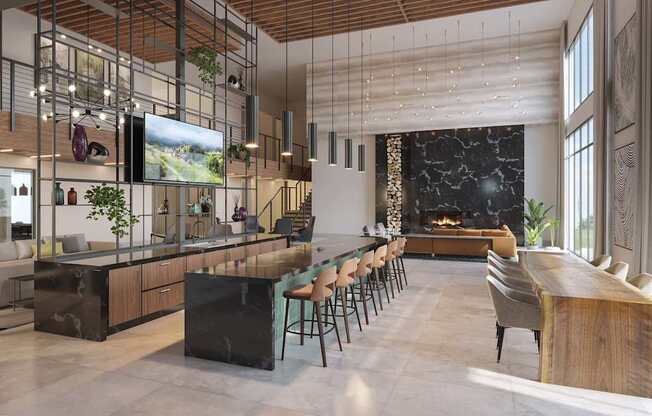 A modern kitchen with a bar area and a dining table.at Elysium, Phoenix