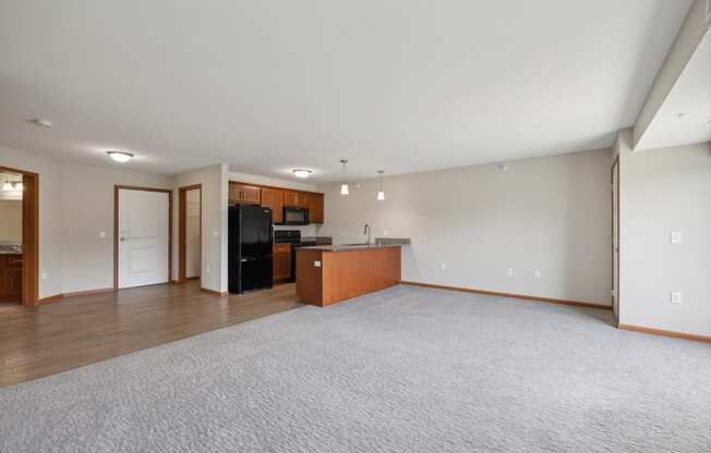 an empty living room with a kitchen and a rug