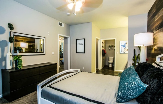 Bedroom with ceiling lights and fanat Villa Serena, Henderson, 89014