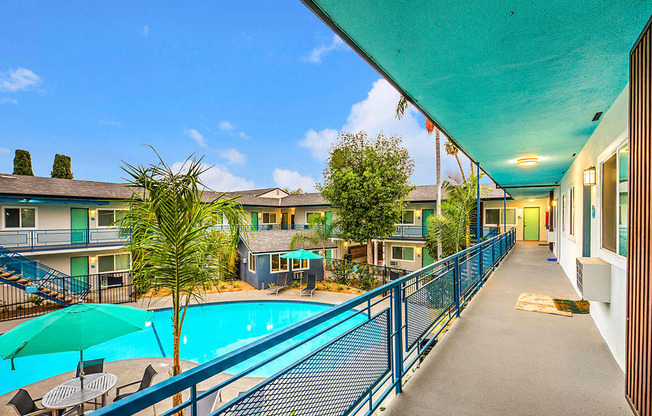 The Island Apartments view of pool from second floor walkway