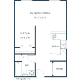 Studio, 1 bath, 475 sqft, $870