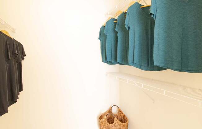 A row of teal shirts hanging on a white wall.