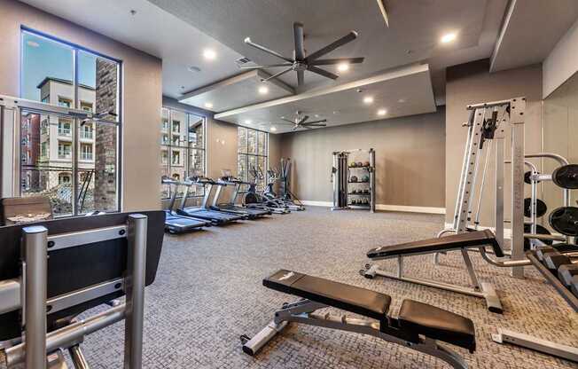 A spacious gym with a variety of equipment including treadmills, weights, and a bench press.
