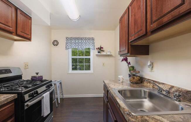 a kitchen with a stove and a sink