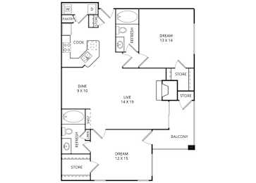 2 beds, 2 baths, 1,158 sqft, $1,609