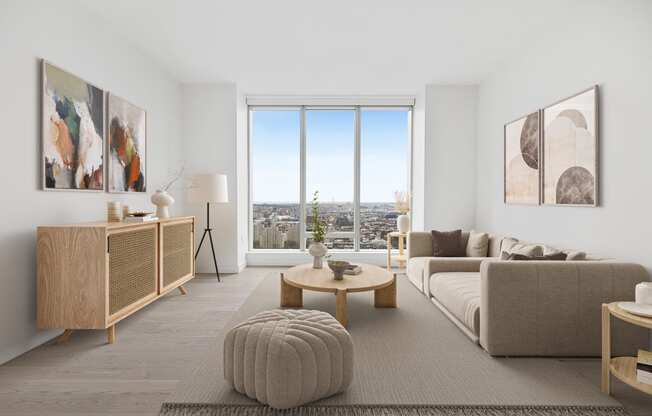 a living room with a couch and a table and a window at The Paxton, New york
