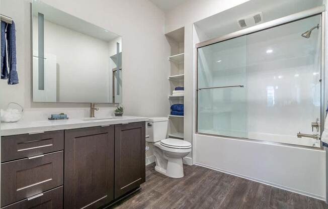 Bathroom with shower area at Montecito Apartments at Carlsbad, Carlsbad