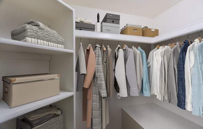 A white closet with clothes hanging and folded items on shelves.