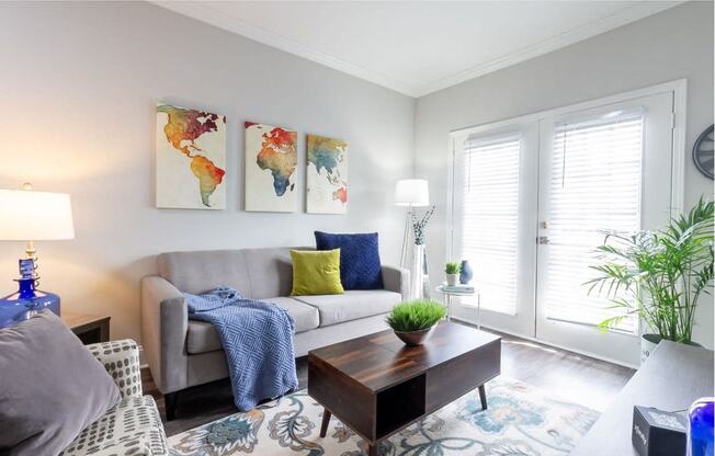 a living room with a couch and a coffee table
