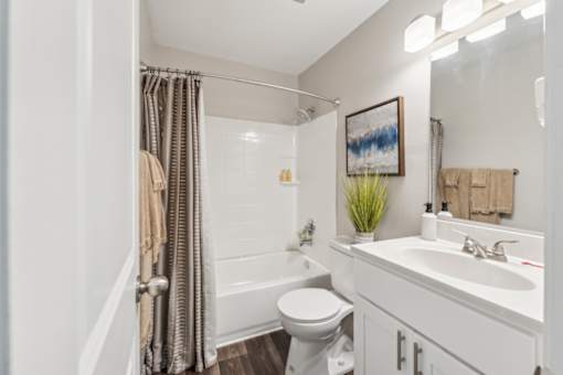 A bathroom with a toilet, sink, and shower at Staples Mill Townhomes Apartments, Richmond, Virginia