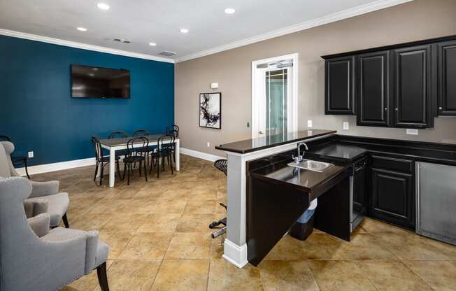 Clubhouse Kitchen with Billiards at Abberly Woods Apartment Homes, Charlotte, North Carolina