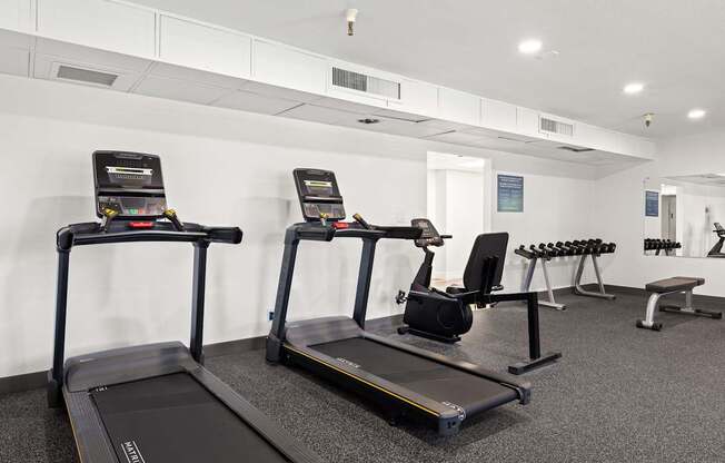 A gym with treadmills and other equipment.