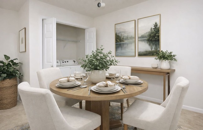 A dining room with a round table set for four.