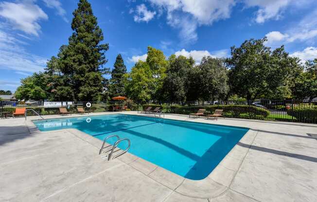 Community swimming pool area with mature trees in the distance 