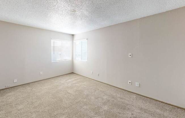 A room with a carpeted floor and a window with blinds.