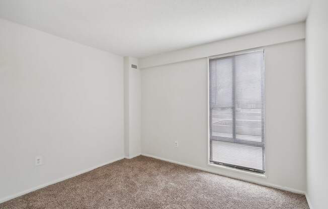 a bedroom with a large window and a carpeted floor