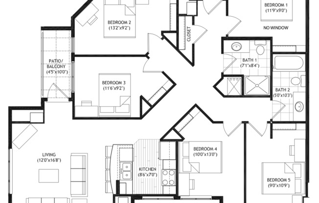 5 beds, 2 baths, 1,445 sqft, $6,250, Unit 1204
