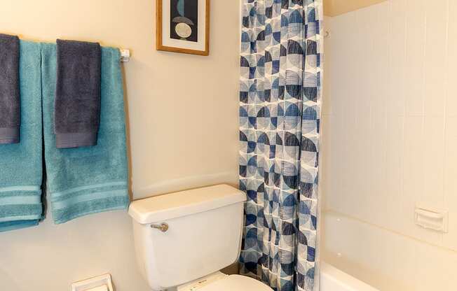 a bathroom with a toilet and a shower curtain