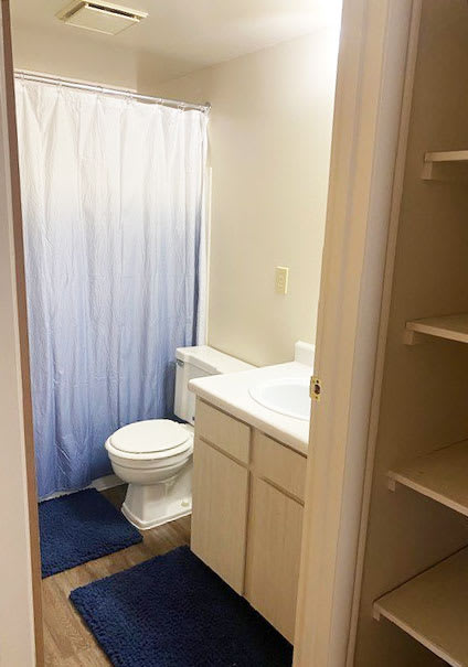 Bathroom with Linen Closet at Wood Creek Apartments in Kenosha, WI