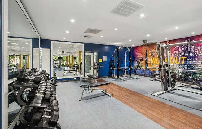 Community Fitness Center with Equipment at Mason Van Dorn Apartments located in Alexandria, VA.