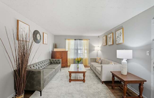 A living room with a grey couch, a wooden coffee table, and a grey rug.