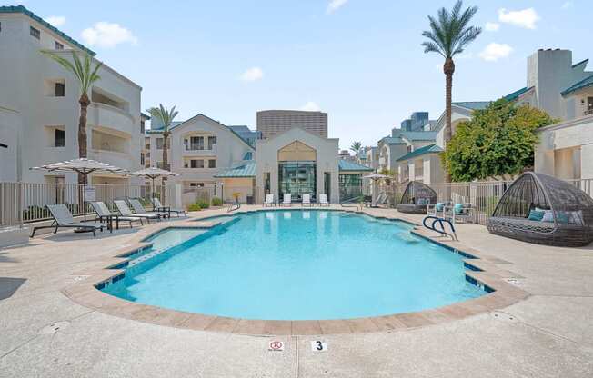 Resort style pool and spa, outdoor lounge seating