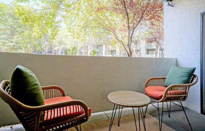 Outdoor furniture on private balcony at Treehouse in Albuquerque, New Mexico