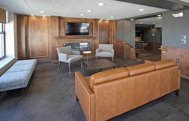Fireplace Area at The Terminal Tower Residences Apartments, Cleveland, Ohio