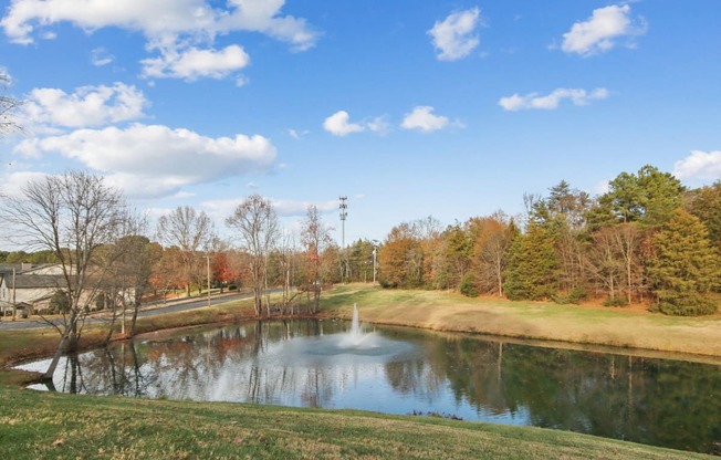 a pond with a fountain in the middle