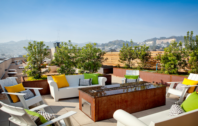 Rooftop seating with firepit and plenty of space for entertaining
