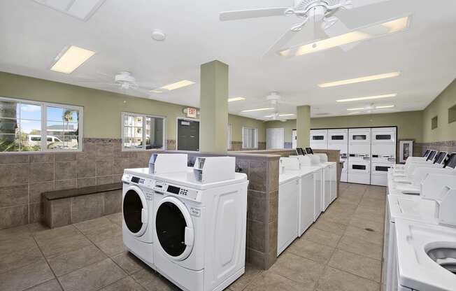 Laundry Facility with washers and dryers and ceiling fans