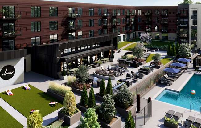 a rendering of an apartment building with a pool and courtyard