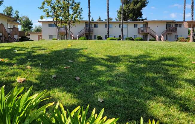 Large grassy areas with well cared for landscaping around buildings at Plaza Verde Apartments in Escondido, California.