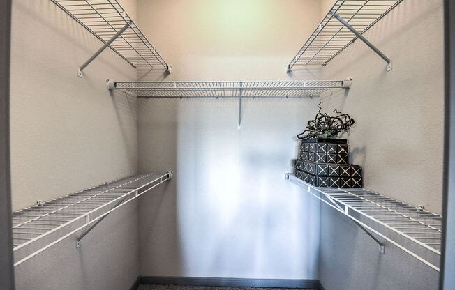 a walk in closet with empty shelves and a white curtain  at Waterstone at Cinco Ranch, Texas, 77450