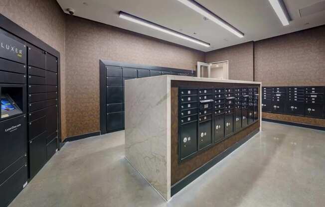 the locker room is equipped with lockers and a marble counter at NoMa Apartments, California, 94596