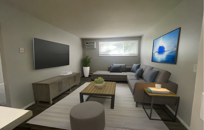 a rendering of a living room with a couch and a table