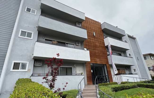 Look up at The Carlton apartments in Hollywood, California.