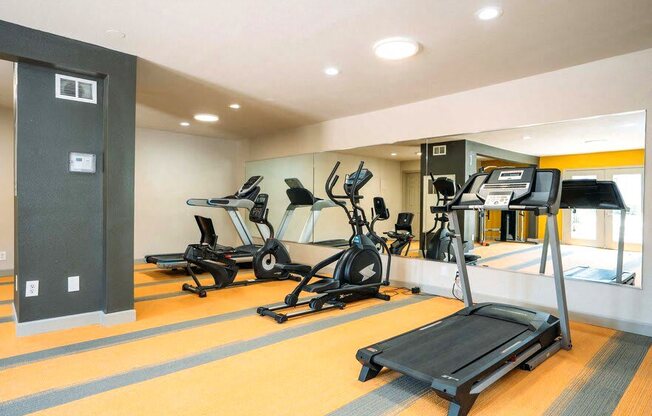 a gym with cardio equipment on the floor and a mirrored wall