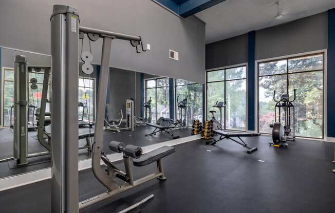 a gym with weights equipment and windows at the district at highland village apartments at Glen Hollow, Decatur