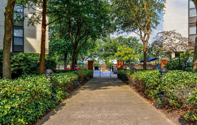 a sidewalk in front of a building with trees and bushes