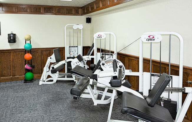 a room with a bunch of exercise equipment in it