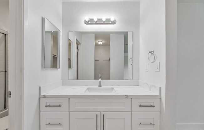A bathroom with a white sink and a large mirror.