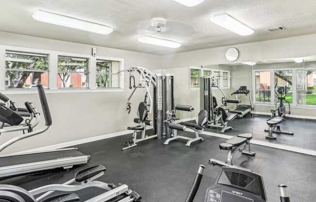 Fitness center with cable weight machines and cardio equipment at Hunters Chase in Austin, TX