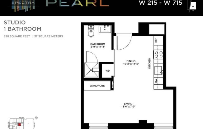 Studio, 1 bath, 398 sqft, $1,330, Unit W515