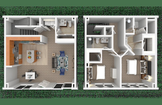 Two floor plans of a house with a kitchen, living room, and bedrooms.