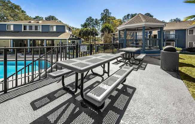 A picnic table and benches are set up on a patio next to a pool.